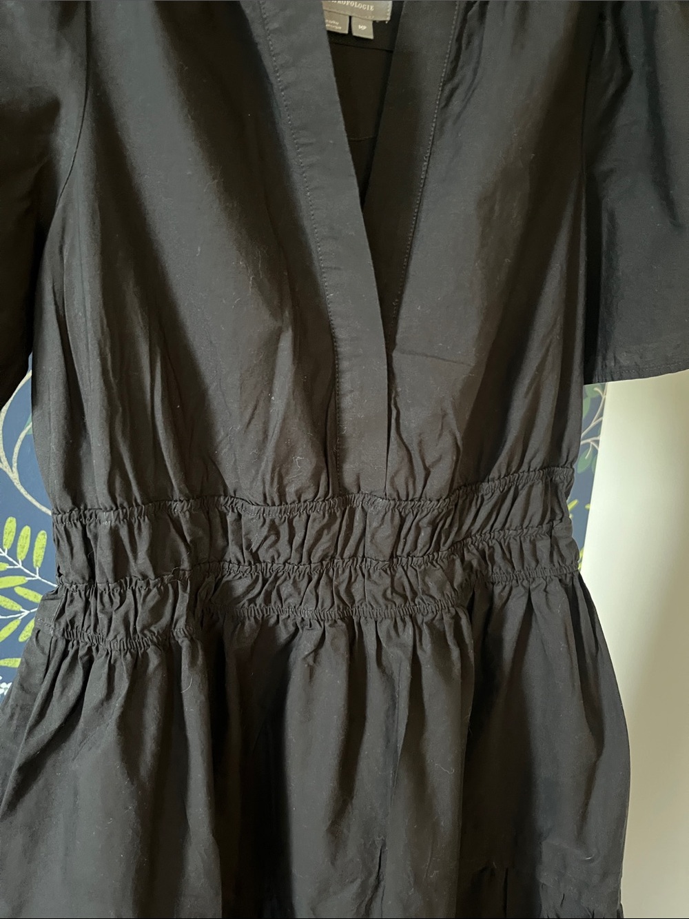 Anthropologie Black Tiered Midi Dress Smocked Waist Puff Sleeve Petite MP - Picture 3 of 6